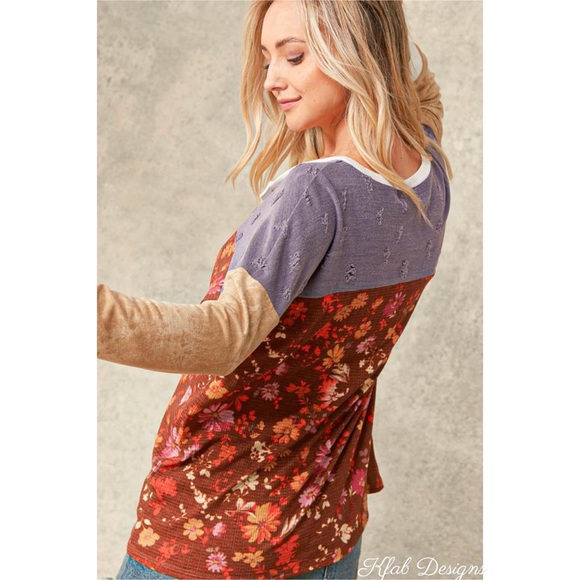 LAST 1! Distressed Floral/Tie Dye Color Block Henley Boho Top! - Picture 9 of 10